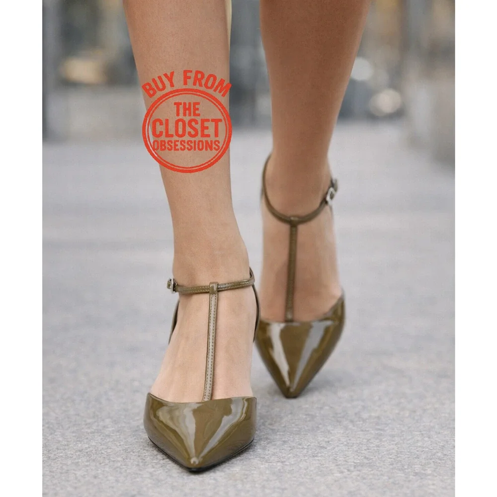 Zara Olive Green Pointed Toe T-Strap Slingback Heels NWT - Picture 4 of 16